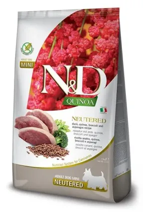 Farmina N&D Quinoa Neutered Mini беззерновой с уткой, киноа, брокколи и спаржей для стерилизованных собак малых пород